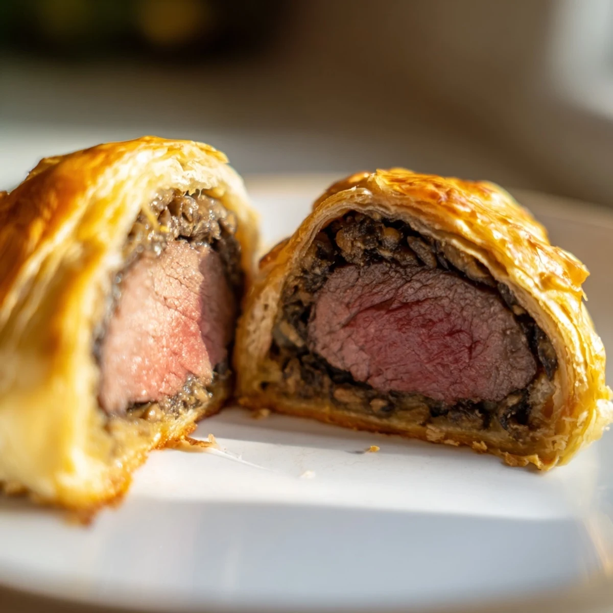 Savory mini beef Wellingtons with a golden crust and visible beef center, served alongside a glass of red wine on a linen tablecloth.