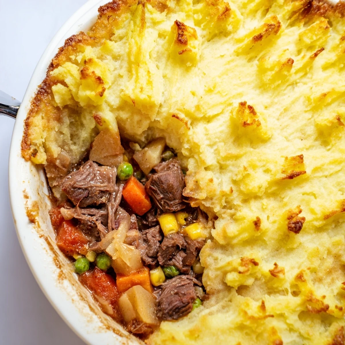 A top-down view of a freshly baked Shepherd's Pie with braised lamb, showing golden, crispy mashed potato peaks over a rich, dark filling of meat and vegetables in a ceramic dish.  