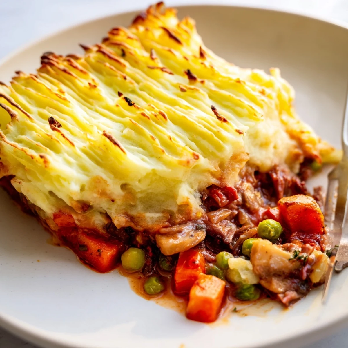 Close-up slice of Shepherd's Pie with braised lamb revealing tender chunks of meat, peas, and carrots in a savory gravy, topped with creamy Parmesan mashed potatoes.  