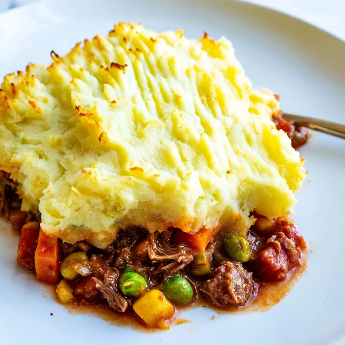 A rustic table setting features a serving spoon digging into a hot Shepherd's Pie with braised lamb, steam rising from the golden potato crust and bubbly filling.
