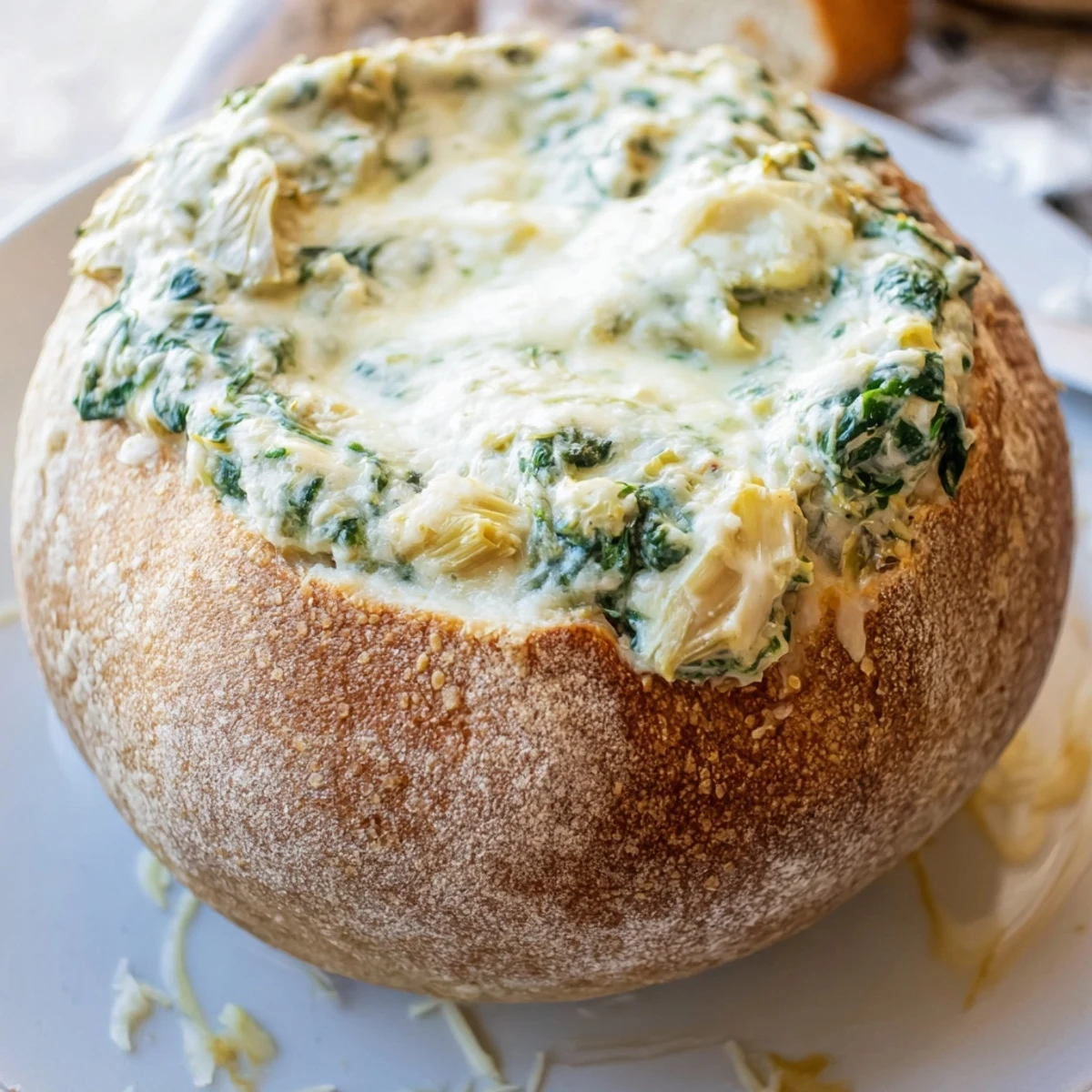 Golden bubbly cheese tops the Creamy Spinach and Artichoke Dip served in a hollowed bread bowl for dipping. 