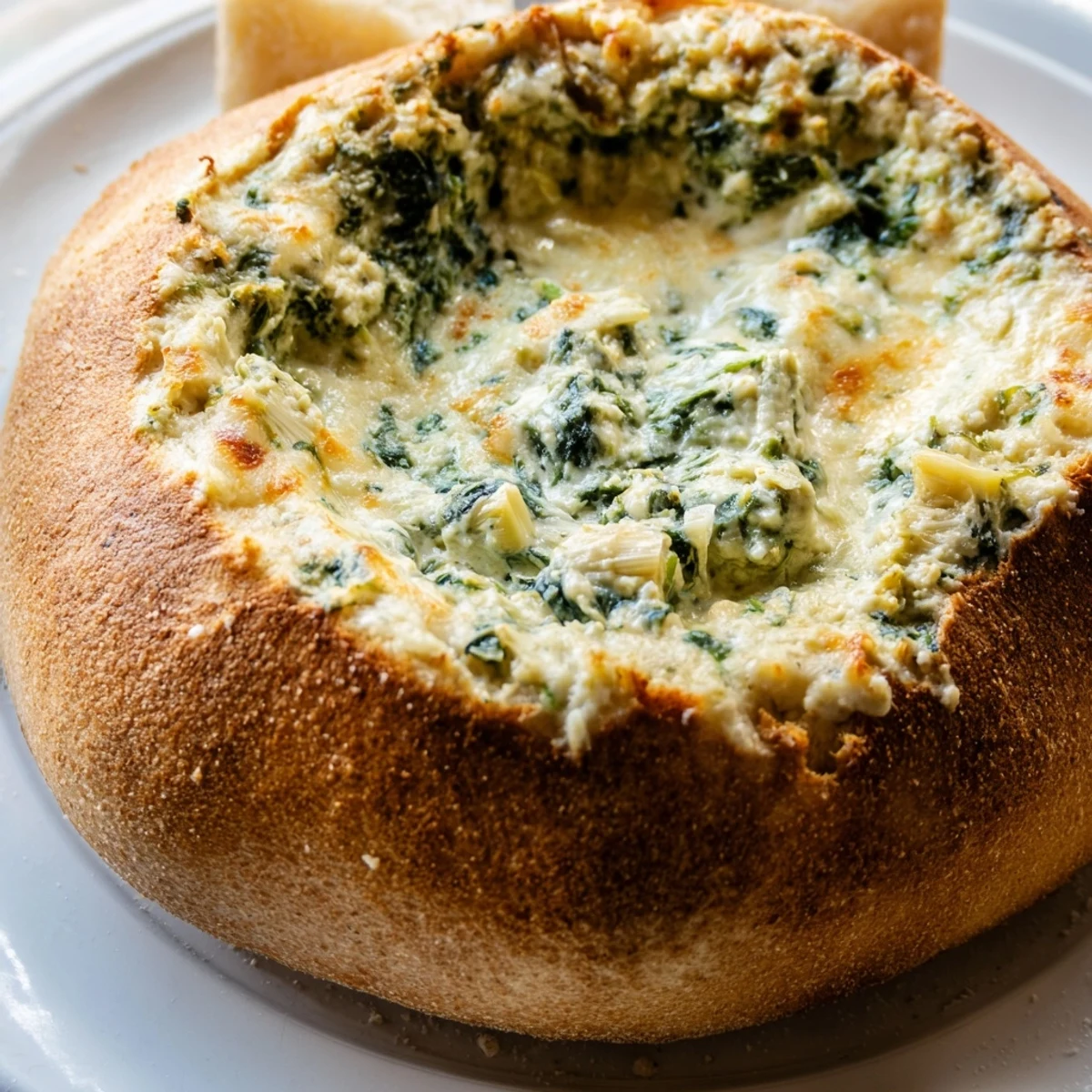 Freshly baked Creamy Spinach and Artichoke Dip steams in a crusty sourdough bread bowl, perfect for game day. 