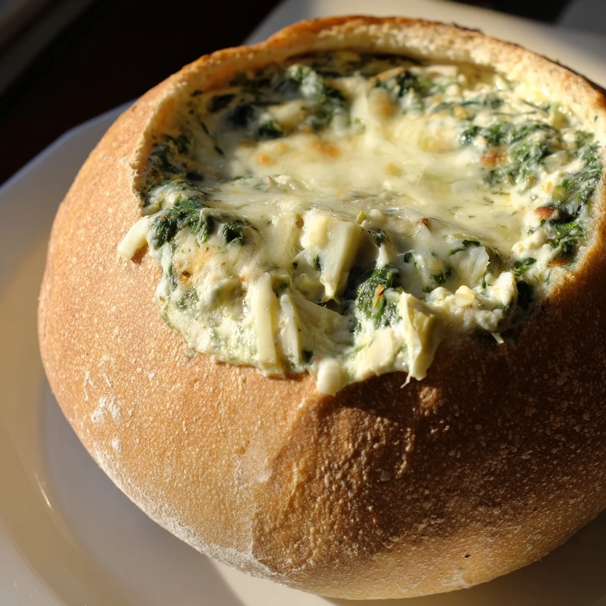 Hot Creamy Spinach and Artichoke Dip scoops easily from a rustic bread bowl alongside a piece of toasted sourdough.