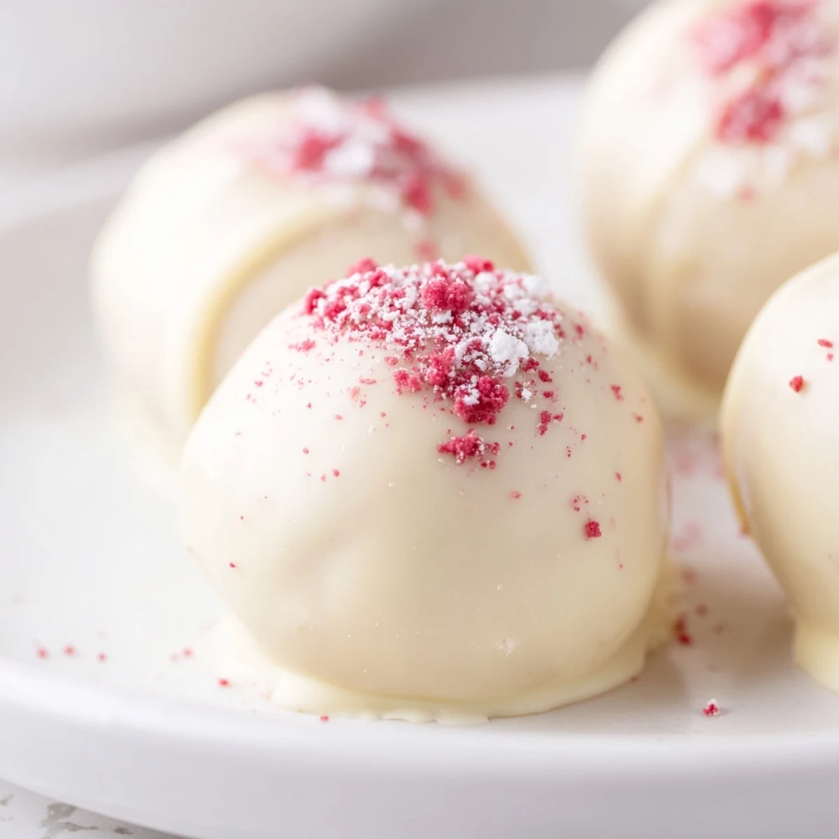 Delicate White Chocolate Raspberry Truffles with a light dusting of powdered sugar, perfect for elegant dessert gatherings.