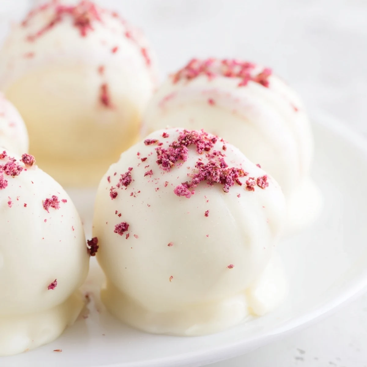 Hand-rolled White Chocolate Raspberry Truffles showcasing creamy texture and vibrant tartness, ready to serve with coffee.
