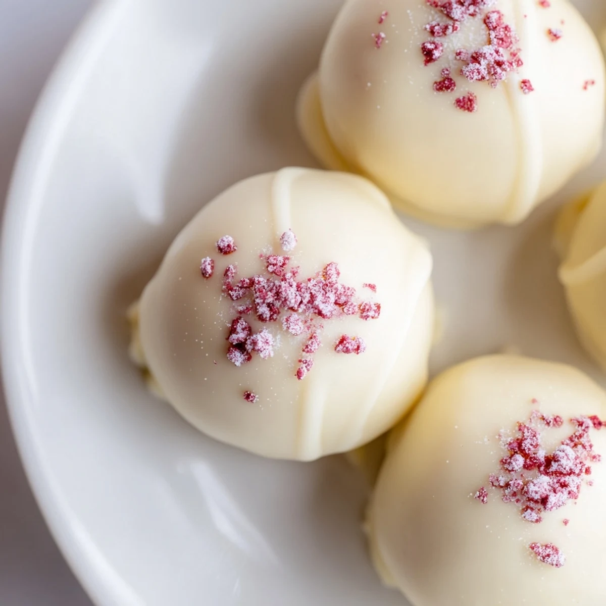Glistening White Chocolate Raspberry Truffles coated in smooth chocolate and topped with raspberry powder for a sweet-tart bite.
