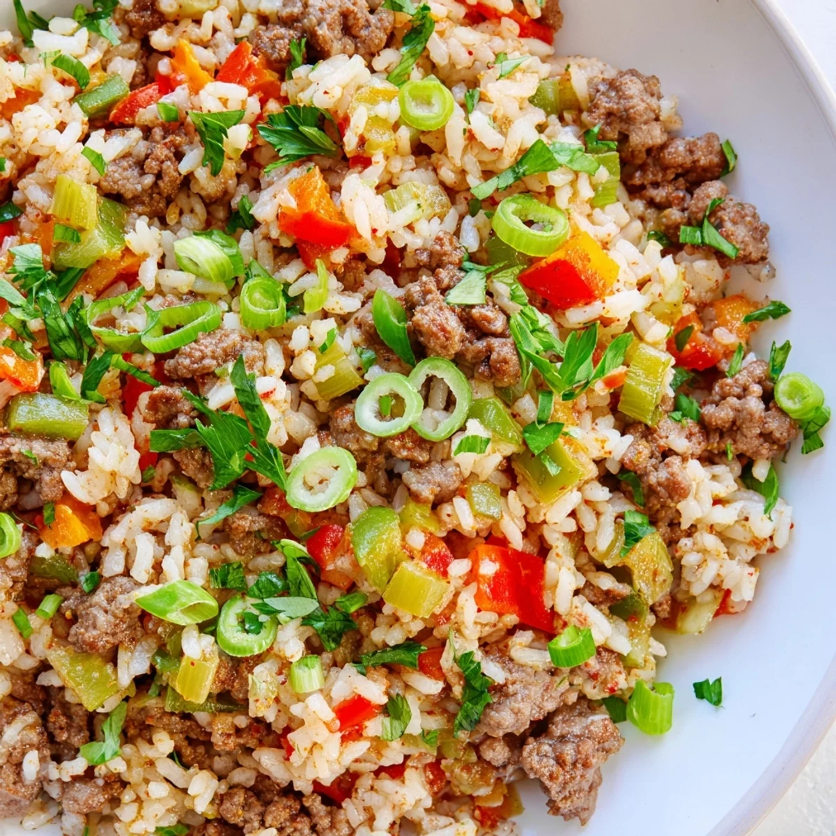 Hearty Cajun Dirty Rice with Ground Beef and Peppers is plated, garnished with fresh parsley and spring onions for a zesty finish.