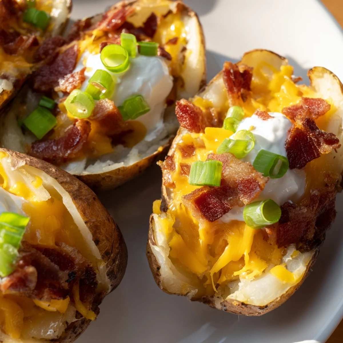 Golden-brown Loaded Potato Skins with Cheddar and Beef Bacon, topped with sour cream and fresh chives.