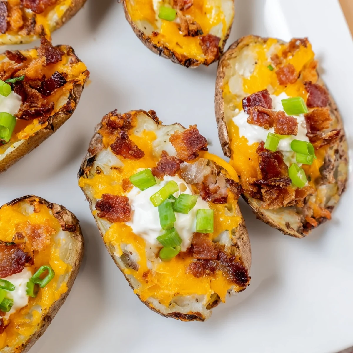 Sizzling Loaded Potato Skins with Cheddar and Beef Bacon served hot on a rustic platter with toppings.