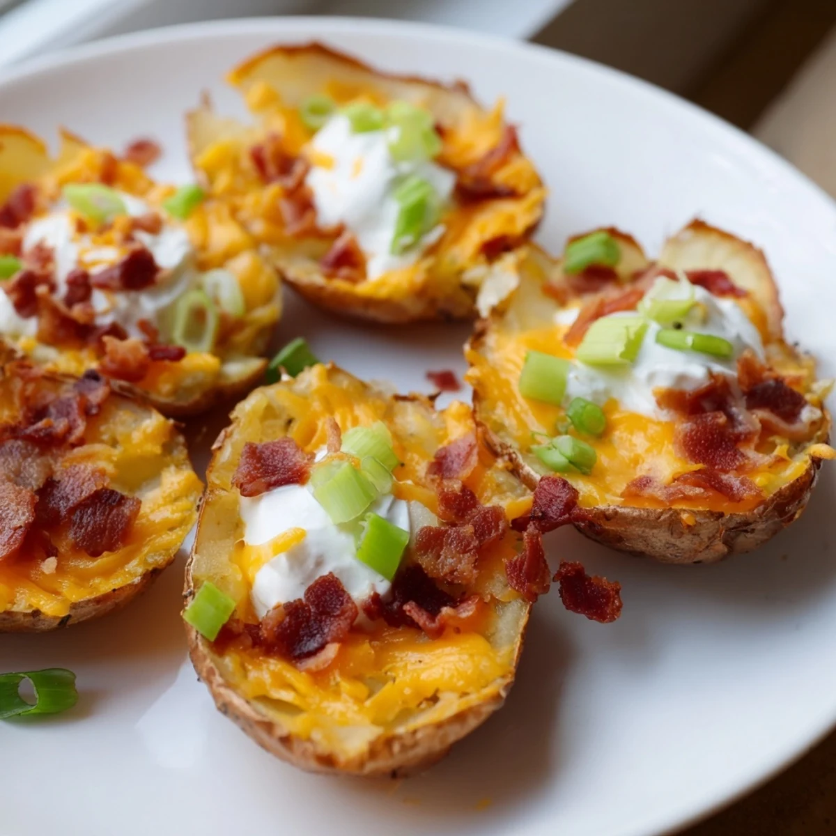 Melted sharp cheddar and crispy beef bacon fill these Loaded Potato Skins with Cheddar and Beef Bacon.