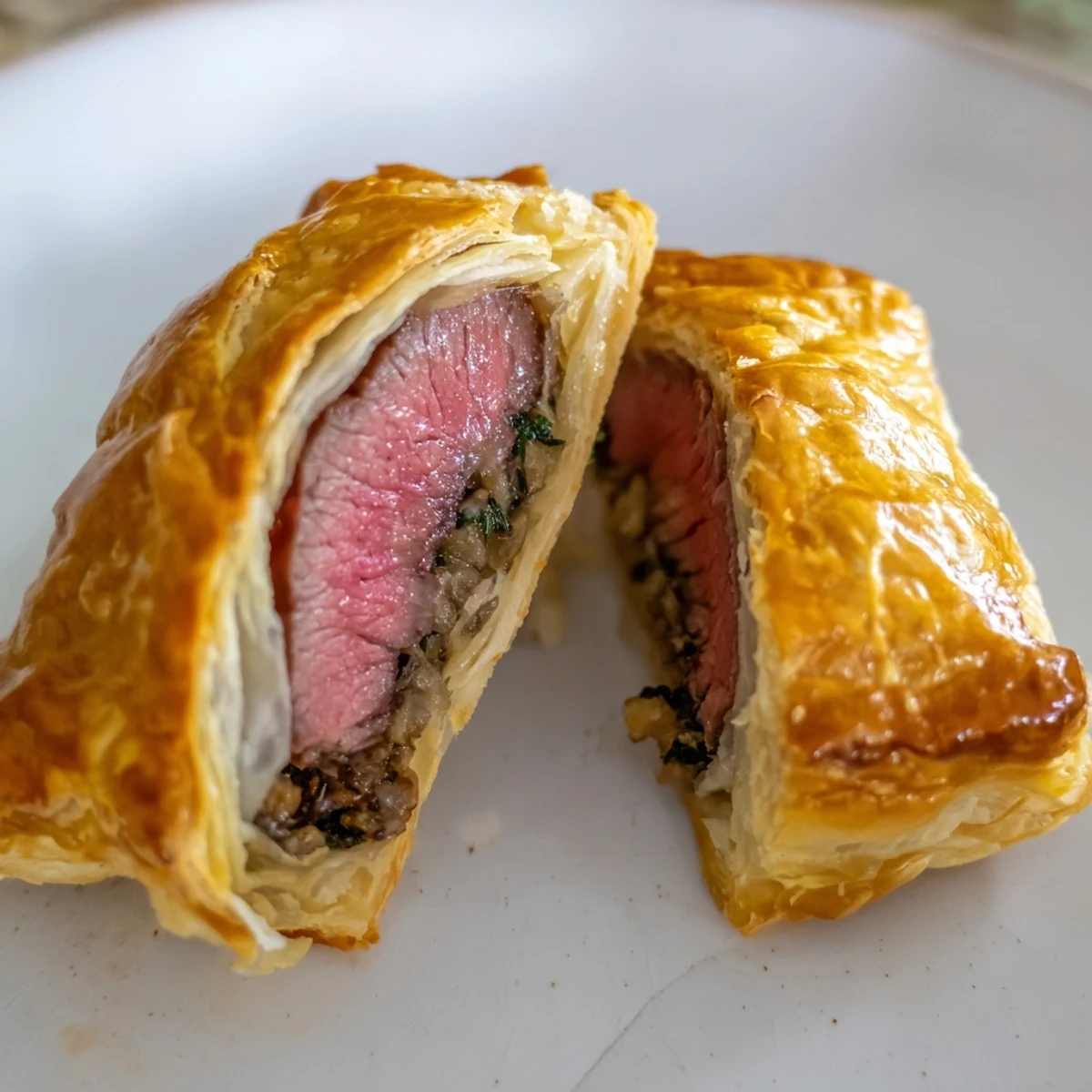 Golden, flaky Mini Beef Wellingtons with mushroom duxelles served on a rustic wooden board.