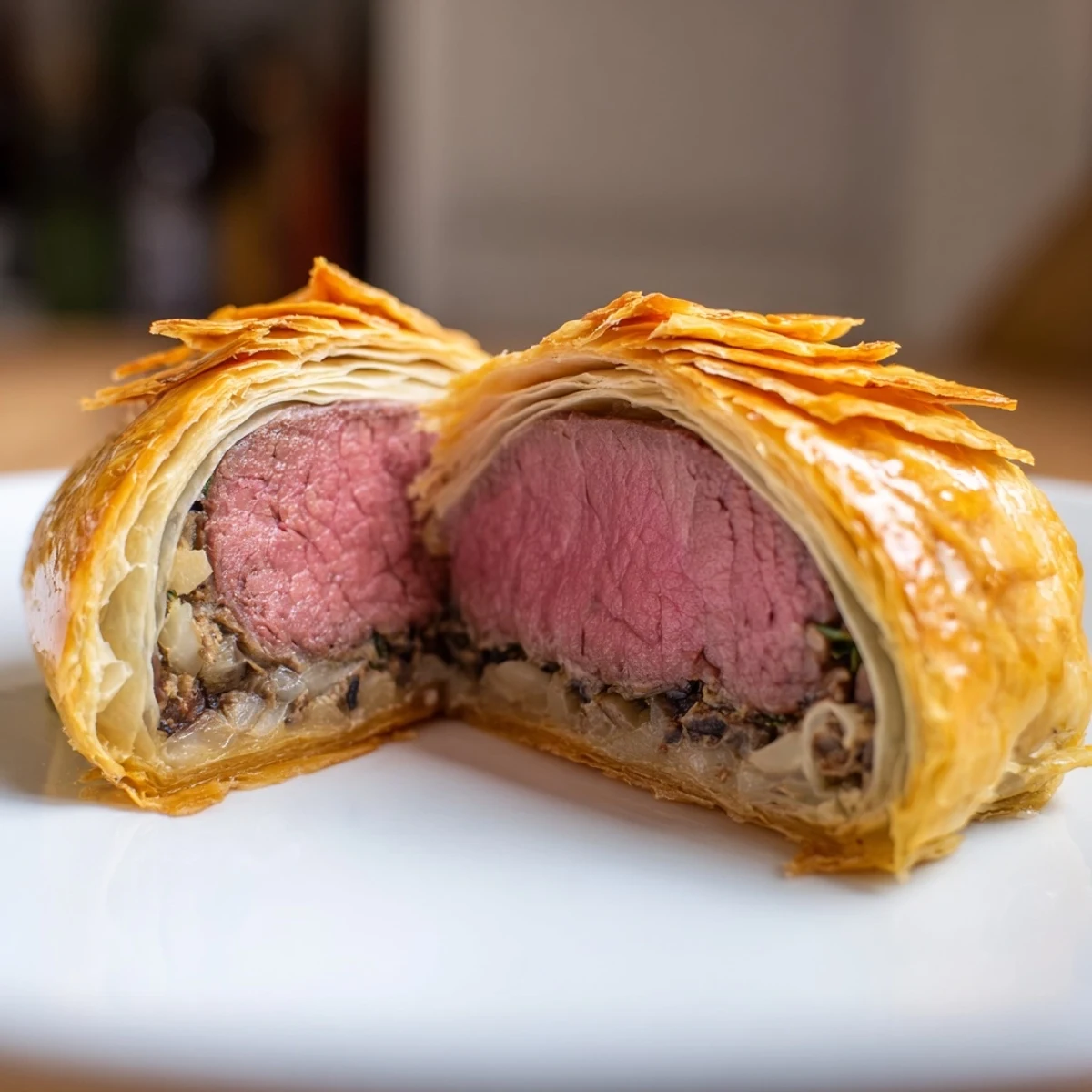 Freshly baked Mini Beef Wellingtons resting on a wire rack with visible puff pastry layers.