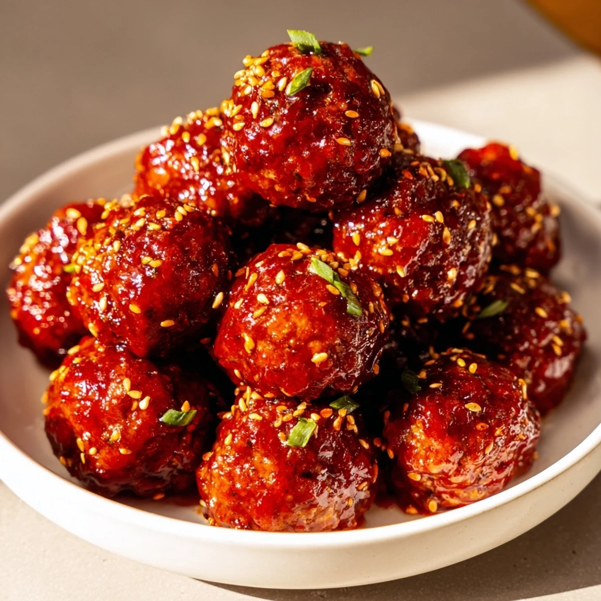 Oven-baked Spicy Sriracha Beef Meatballs glisten with sticky glaze and toasted sesame seeds, served over steamed rice for a complete meal.