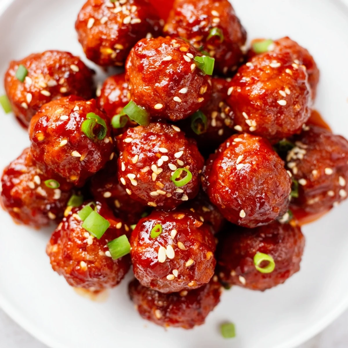Freshly glazed Spicy Sriracha Beef Meatballs rest on a platter, garnished with scallions, ready to be enjoyed as a game-day appetizer.