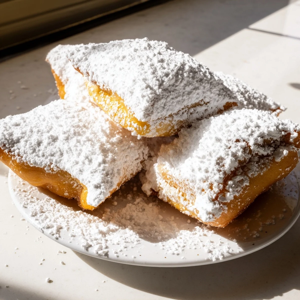 New Orleans Style Beignets with powdered sugar piled high on a plate next to a cup of chicory coffee.