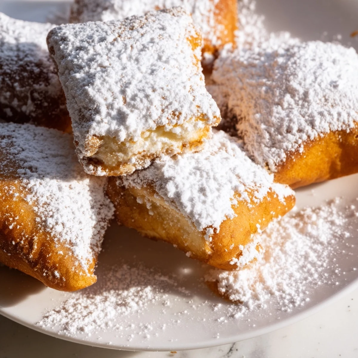 Golden fried New Orleans Style Beignets with powdered sugar, dusted and served warm on a rustic wooden board.