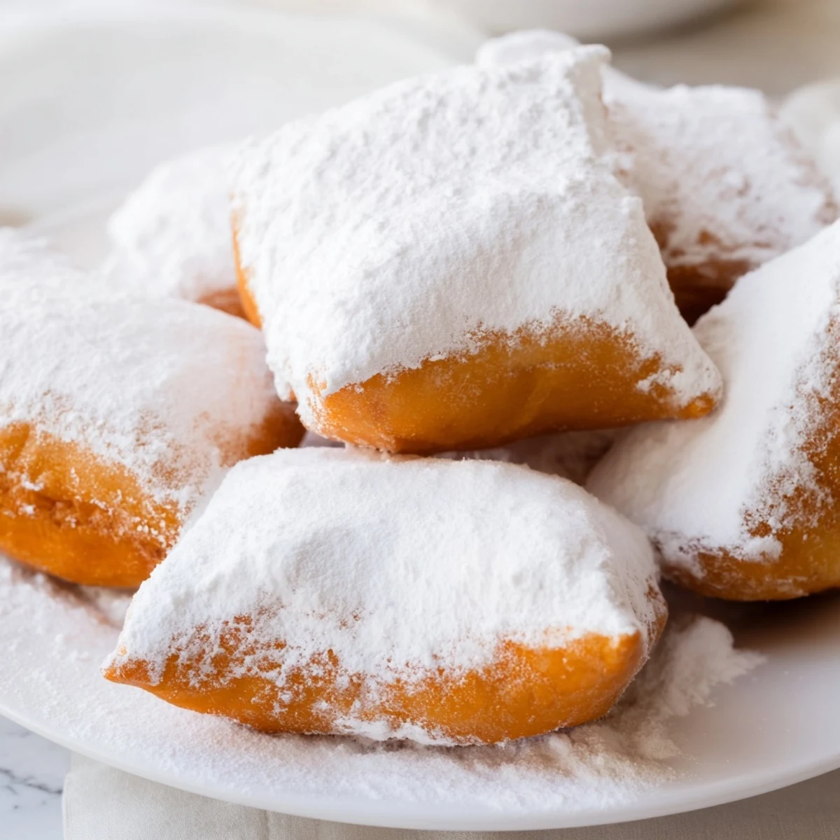 Freshly fried New Orleans Style Beignets with powdered sugar, light and pillowy pastries ready to be enjoyed with coffee.