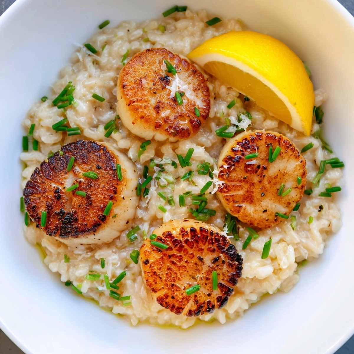 Golden-brown Pan Seared Scallops rest on a bed of creamy, lemon-infused risotto, garnished with fresh chives.