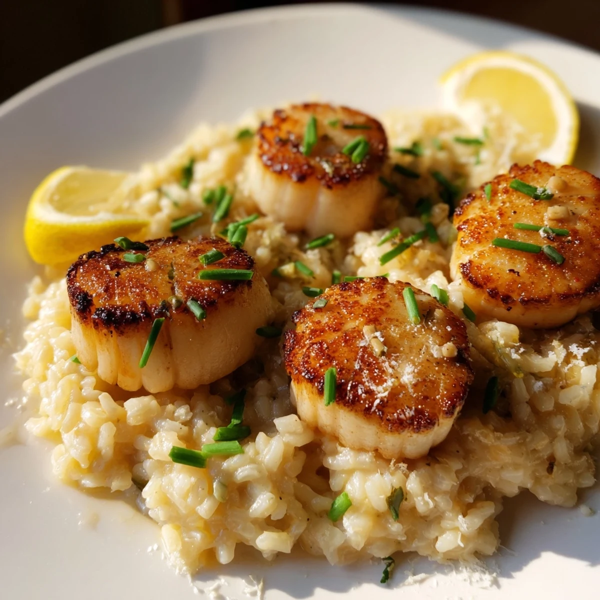Sizzling scallops atop a rich, golden lemon butter risotto for a luxurious weeknight meal.