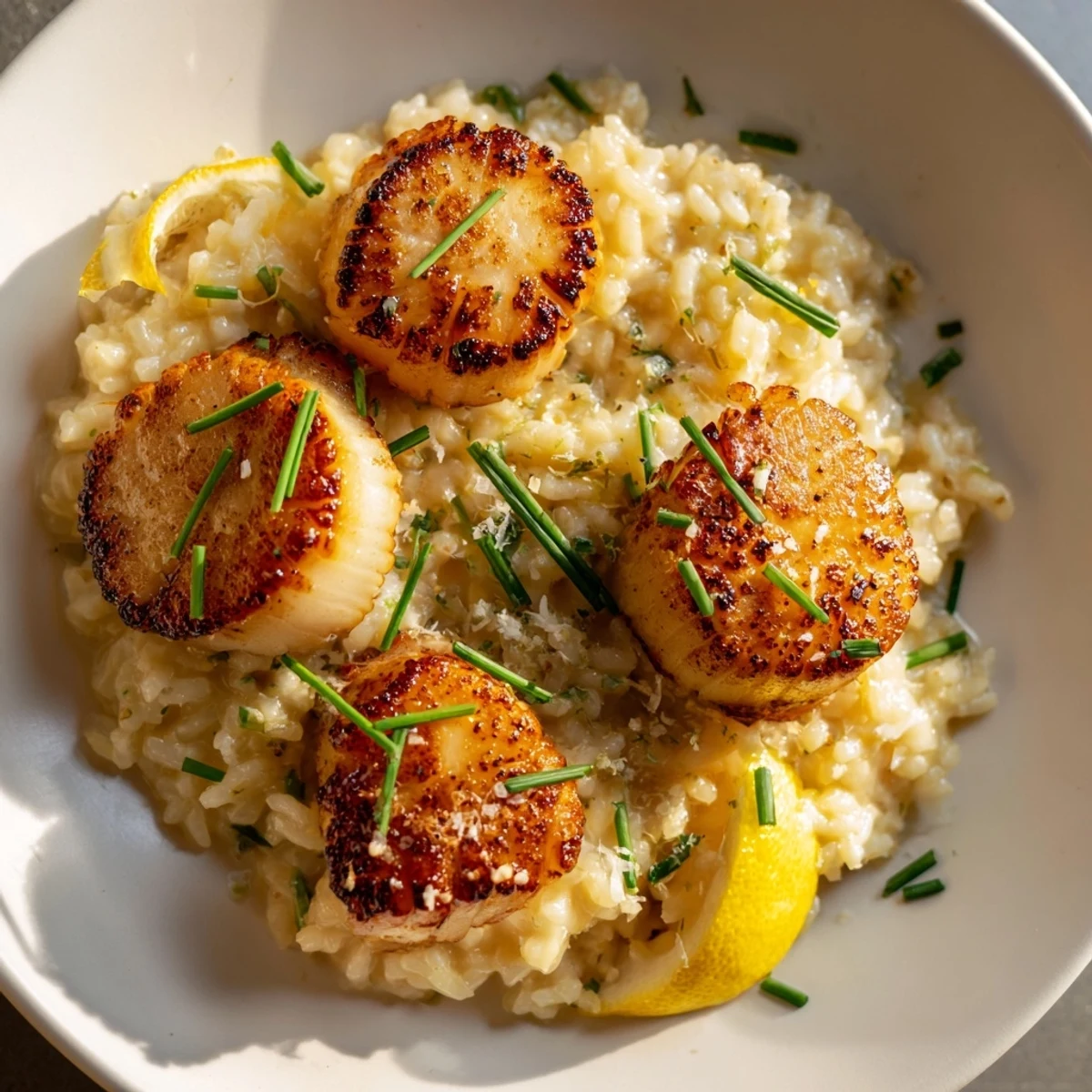 Bright, citrusy Pan Seared Scallops with Lemon Butter Risotto plated elegantly, ready to serve as a dinner.