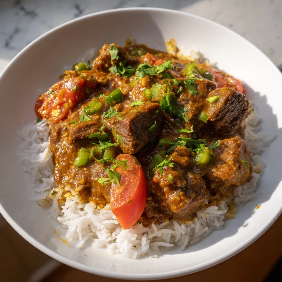 Tender beef cubes simmered in a spicy, aromatic curry sauce, served over fluffy steamed basmati rice for a hearty meal.