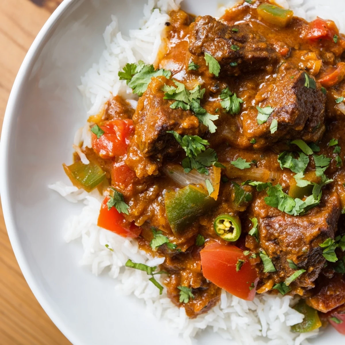 A close-up of Spicy Beef Curry with Rice, garnished with fresh cilantro and ready to serve for dinner.