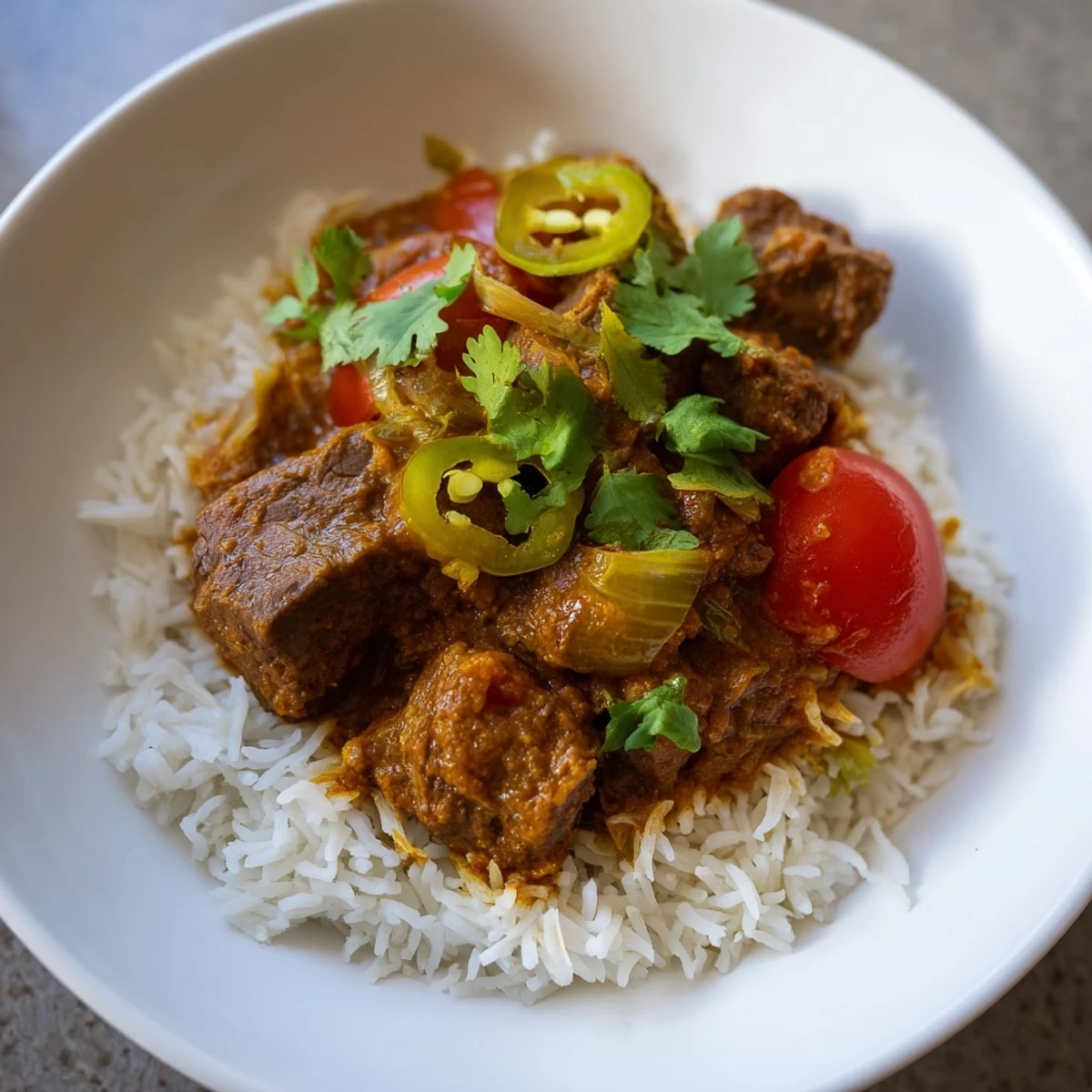 Steaming Spicy Beef Curry with Rice in a rustic pot, featuring tender meat and fragrant spices for a comforting meal.