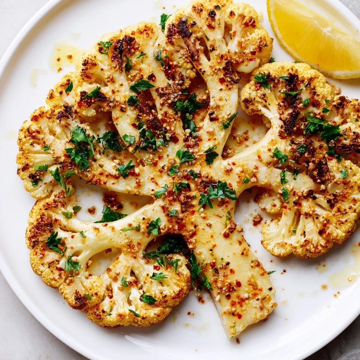 Golden roasted cauliflower steaks garnished with fresh parsley and lemon wedges on a rustic platter.