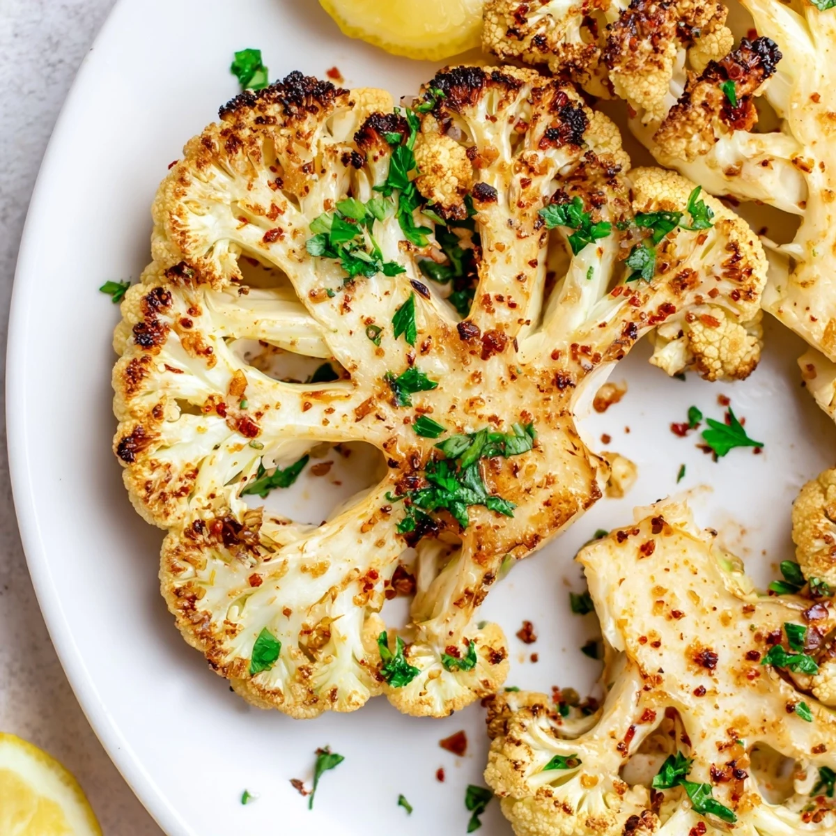 Roasted cauliflower steaks with smoky paprika seasoning on a baking sheet ready to serve.