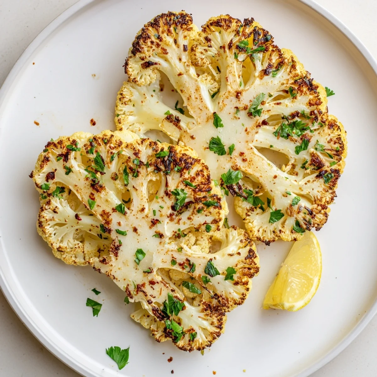 Four servings of roasted cauliflower steaks beside fluffy quinoa and a green salad.