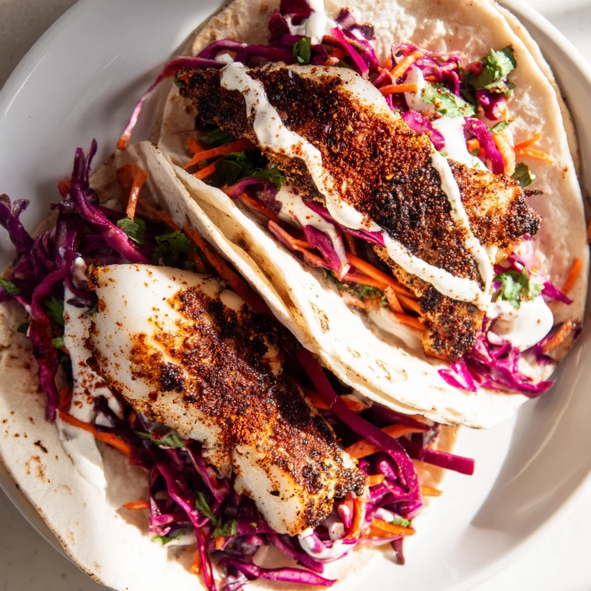 Blackened Cajun Blackened Fish Tacos with crisp cabbage slaw and zesty lime crema drizzled over warm corn tortillas
