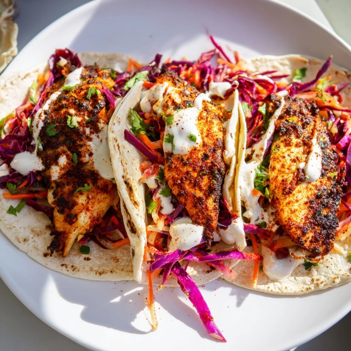 Golden seared Cajun Blackened Fish Tacos filled with flaky white fish, vibrant slaw, and creamy crema for a Southern-inspired meal