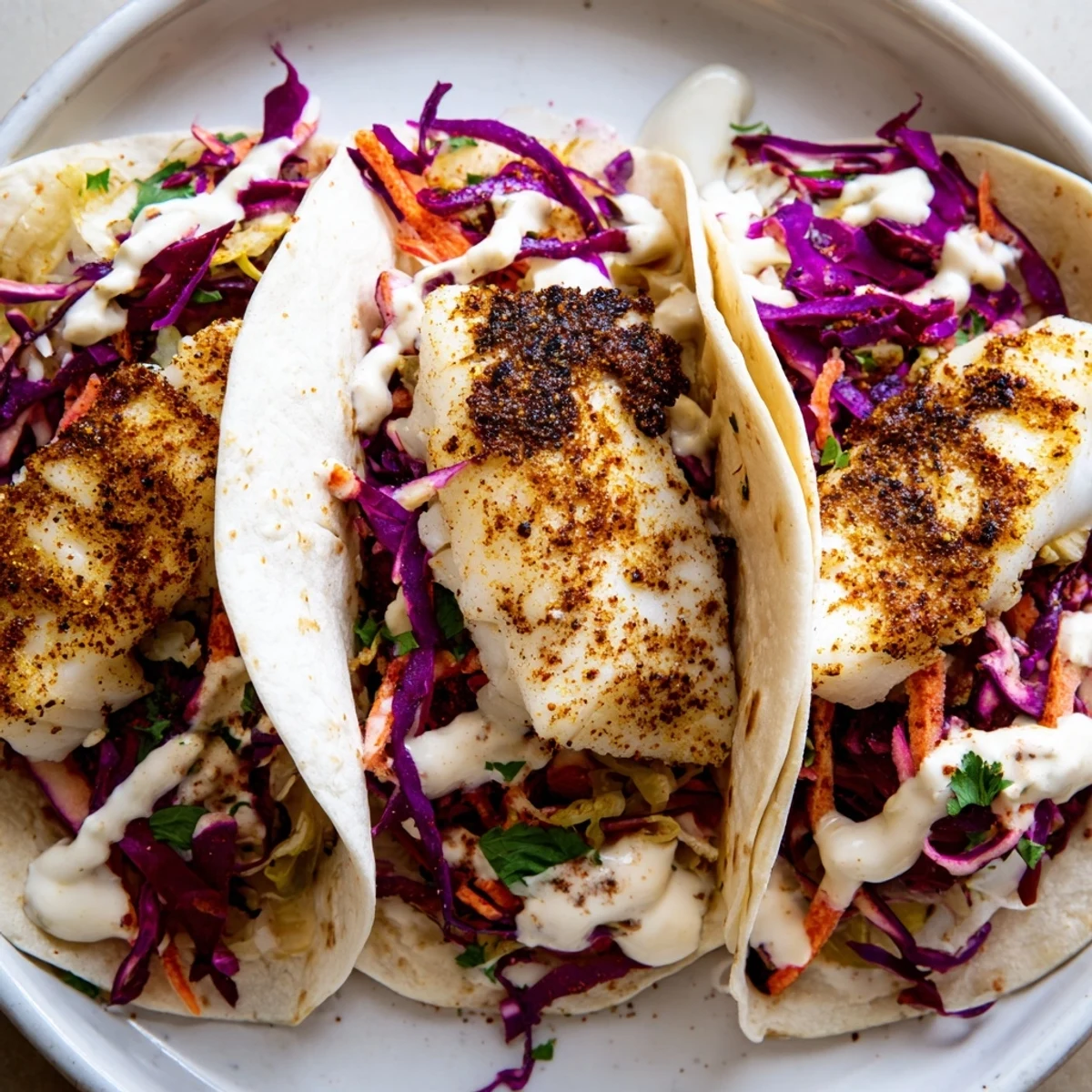 Freshly assembled Cajun Blackened Fish Tacos topped with cilantro, shredded carrots, and smoky paprika crema served with lime wedges