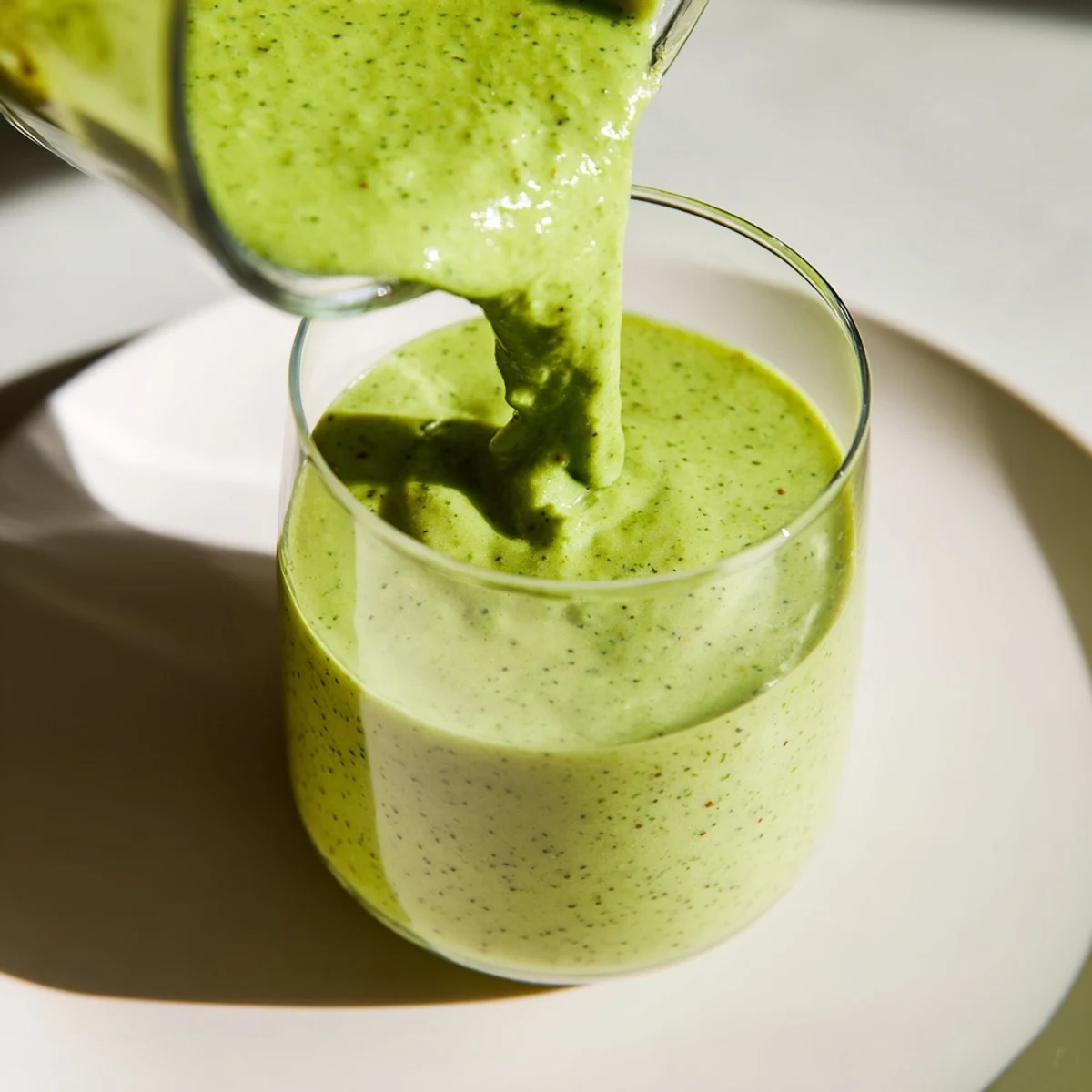 A tall glass of the Green Smoothie with Spinach and Apple, filled to the brim with a vibrant green, creamy texture and a fresh apple slice garnish.