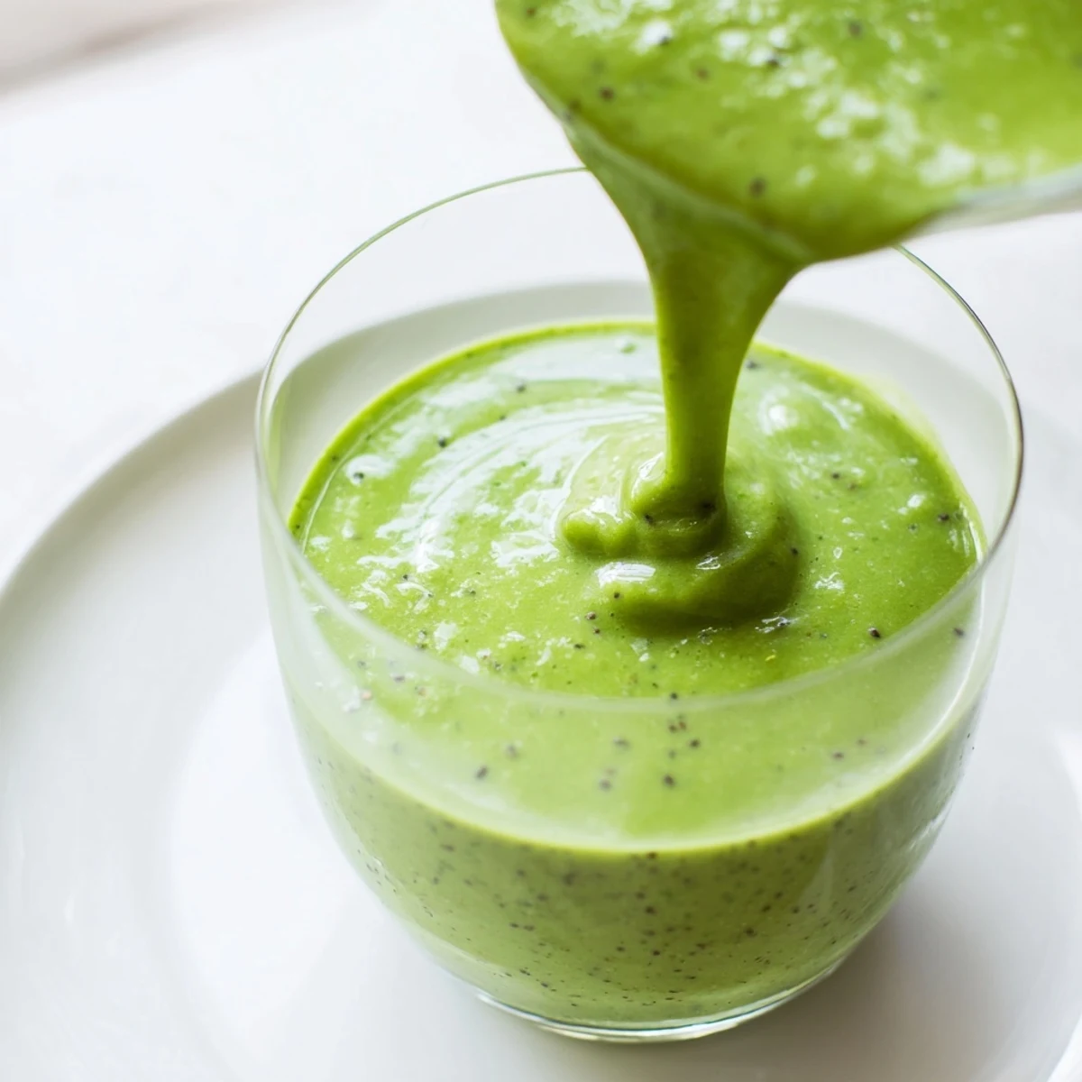The Green Smoothie with Spinach and Apple being poured into a mason jar, topped with chia seeds and a reusable straw, ideal for a healthy breakfast on the go.