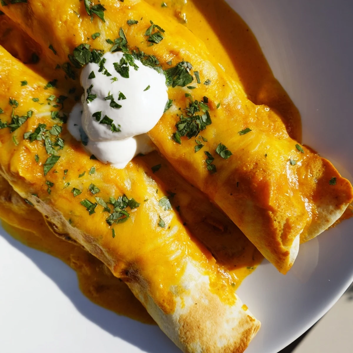Golden-brown tortilla rolls are smothered in tangy green sauce and topped with fresh cilantro garnish.