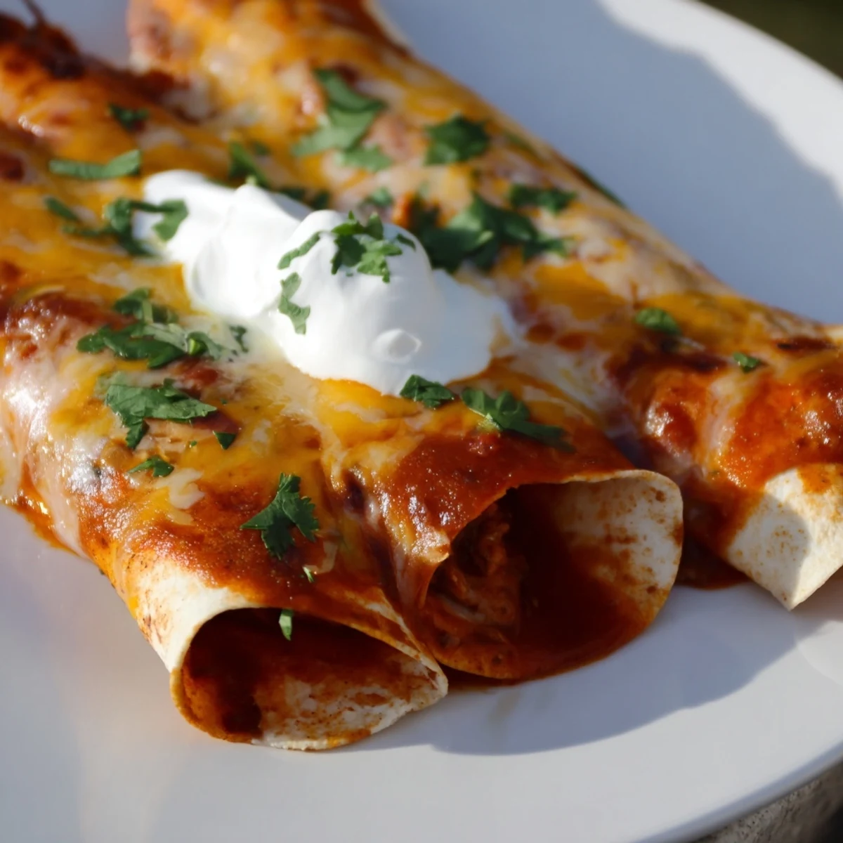 Freshly baked Beef Enchiladas with Green Sauce emerge from the oven, covered in bubbly, melted Monterey Jack cheese.