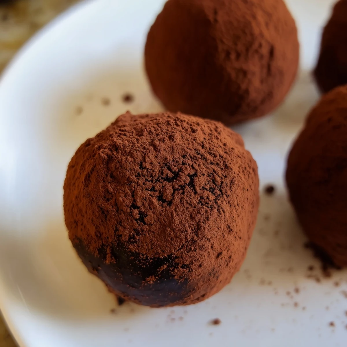 Freshly rolled Chocolate Truffles with cocoa powder dusting, displayed on a rustic wooden board. 