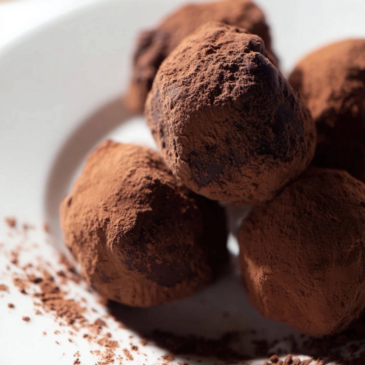 Two bite-sized Chocolate Truffles with cocoa powder on a marble plate, next to a steaming cup of coffee. 