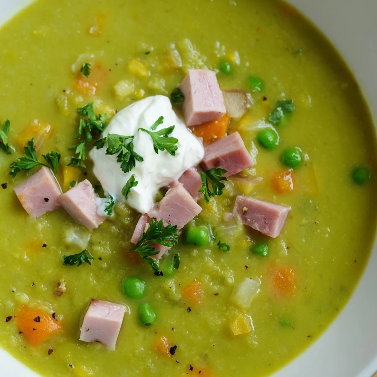 Close-up of Spring Pea Soup with Ham and Turkey featuring tender peas, diced meat, and creamy broth.