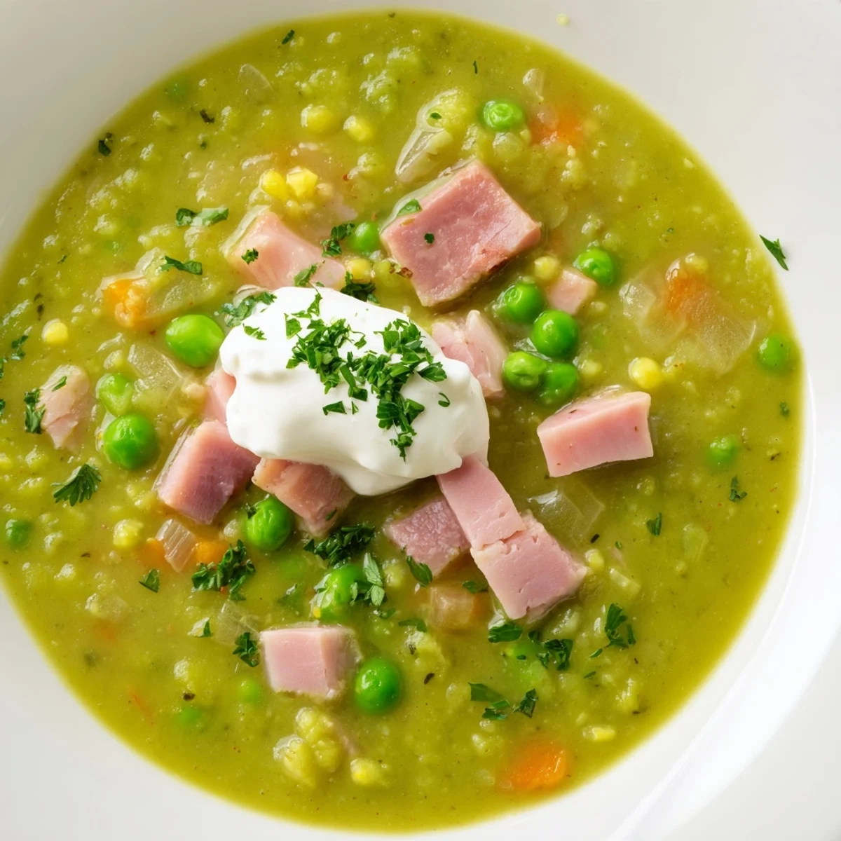 Overhead view of Spring Pea Soup with Ham and Turkey beside crusty bread on a rustic wooden table.