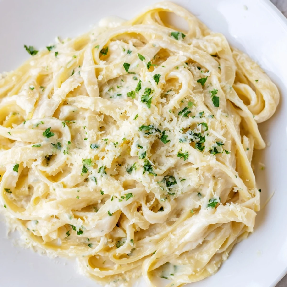 A close-up of Creamy Garlic Pasta with Herbs twirled on a fork, showcasing the rich, velvety sauce.  