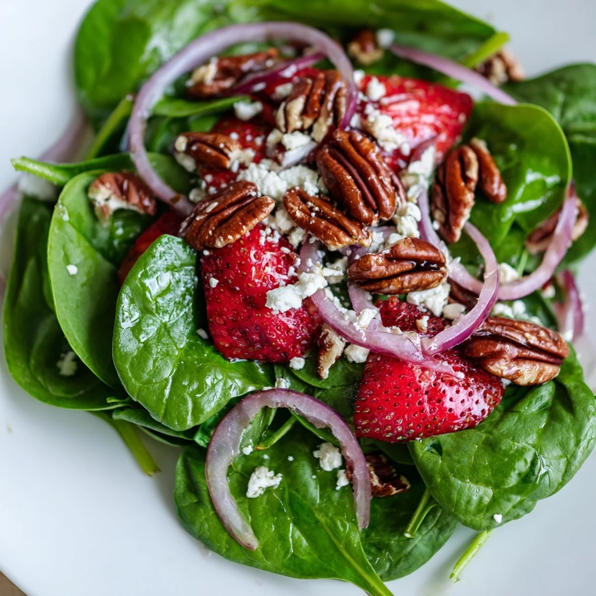 Bright red onion and feta cheese garnish a vibrant bowl of Strawberry Spinach Salad with Pecans.