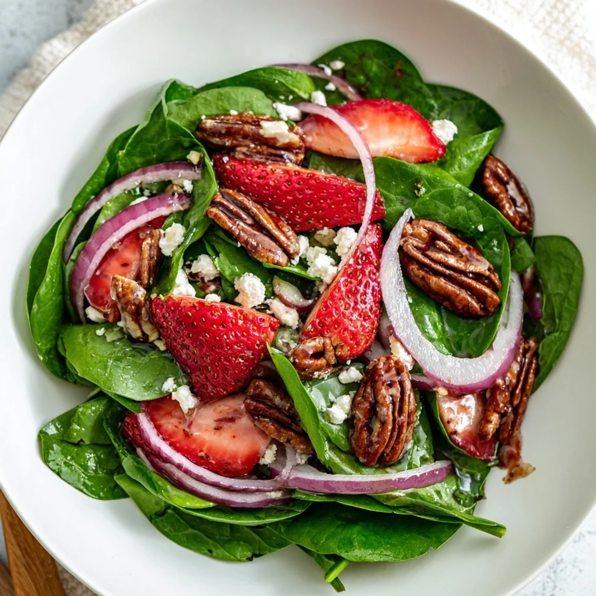 Fresh baby spinach and sliced sweet strawberries topped with toasted pecans in this Strawberry Spinach Salad with Pecans.
