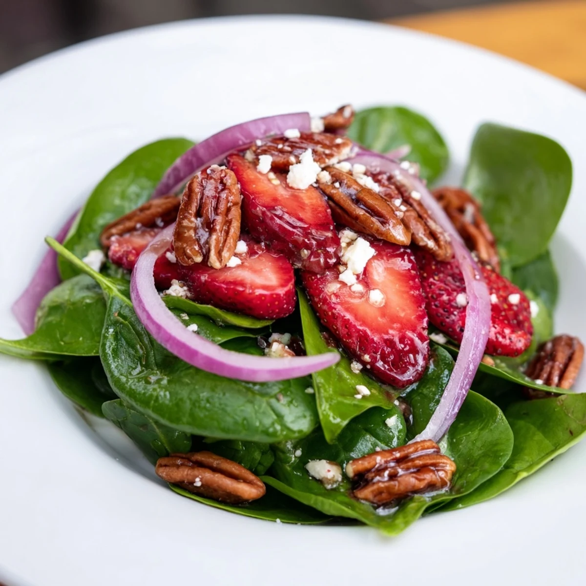 A drizzle of tangy balsamic vinaigrette coats fresh ingredients in this Strawberry Spinach Salad with Pecans.