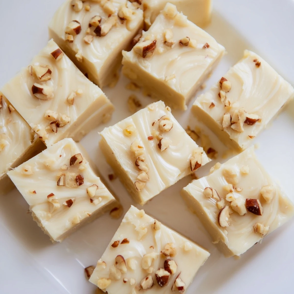 Freshly cut squares of Irish Cream Fudge rest on a parchment-lined board, with creamy white chocolate chunks showing a smooth, glossy texture.