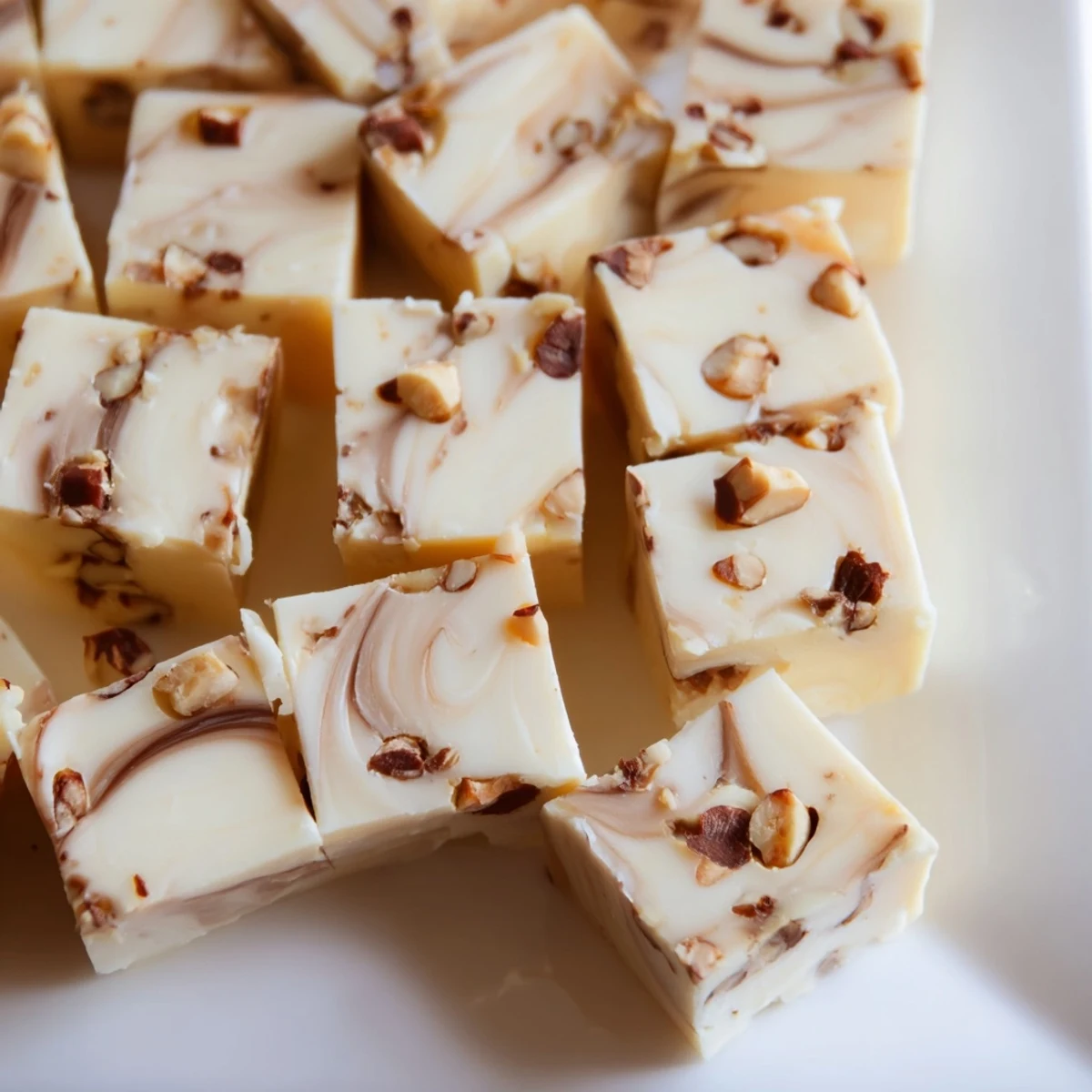 Finished Irish Cream Fudge squares are stacked on a small white plate with a glass of milk, ideal for gifting or dessert.
