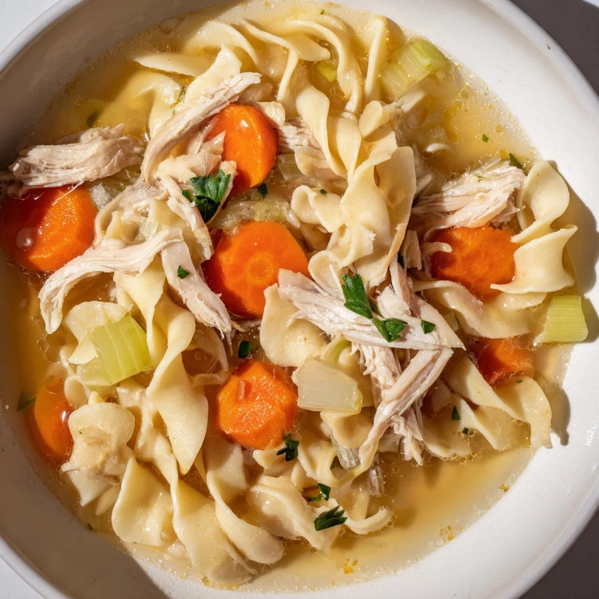A close-up of Chicken Noodle Soup with Homemade Noodles, featuring golden noodles and tender chicken in a rich broth.