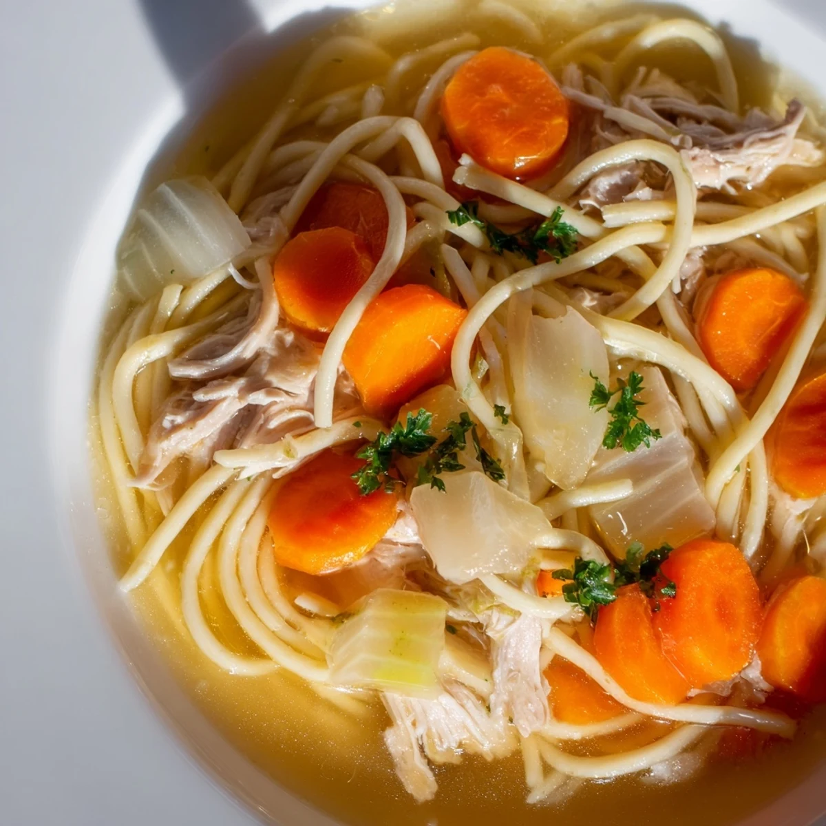 Hearty bowl of Chicken Noodle Soup with Homemade Noodles garnished with fresh parsley, served alongside crusty artisan bread.