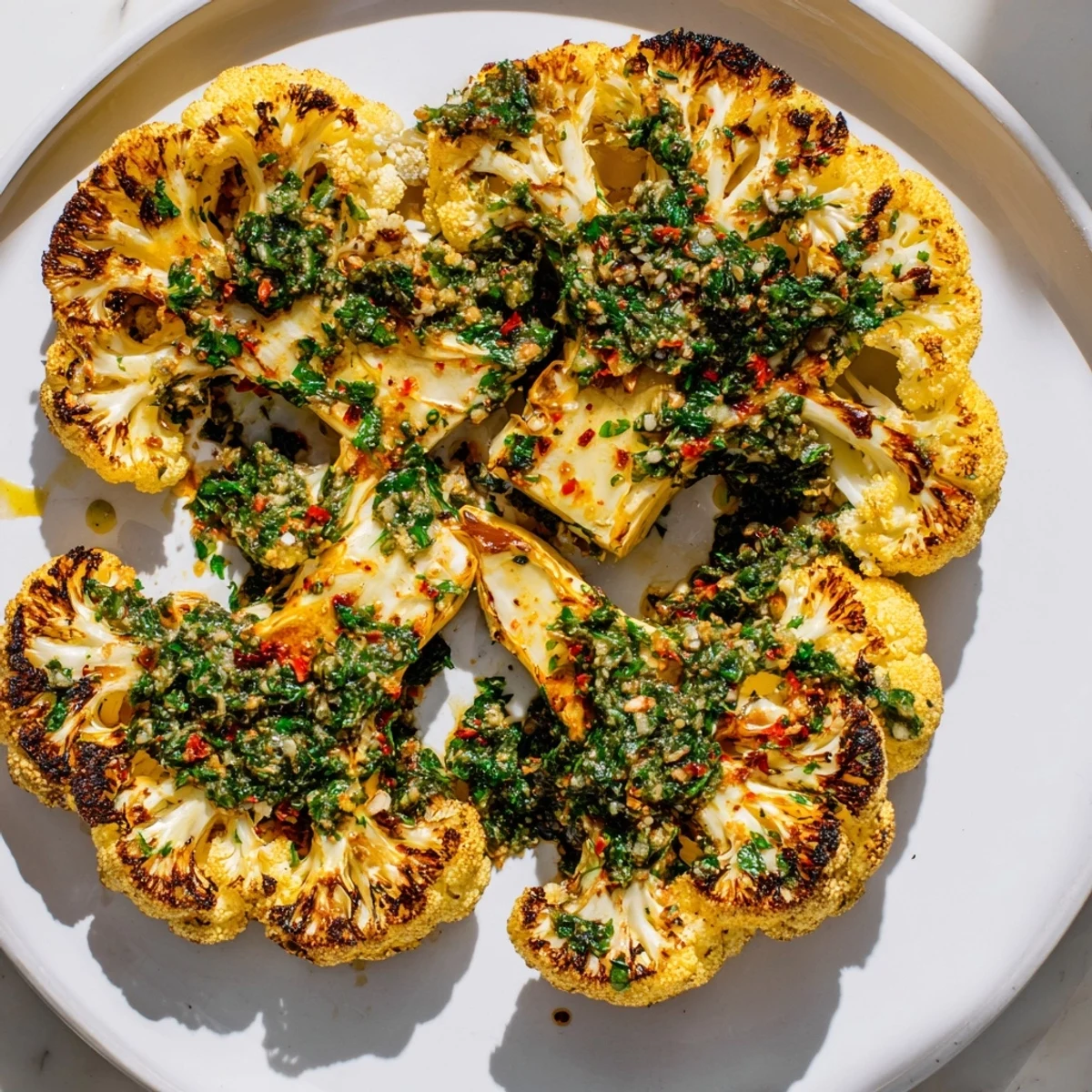 Golden roasted cauliflower steaks with vibrant green chimichurri sauce drizzled over the top.
